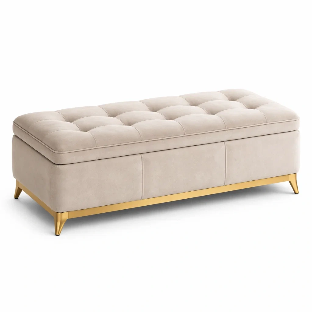 Panca contenitore in tessuto beige con gambe in metallo dorato-DREAMCOMFORTNOOK