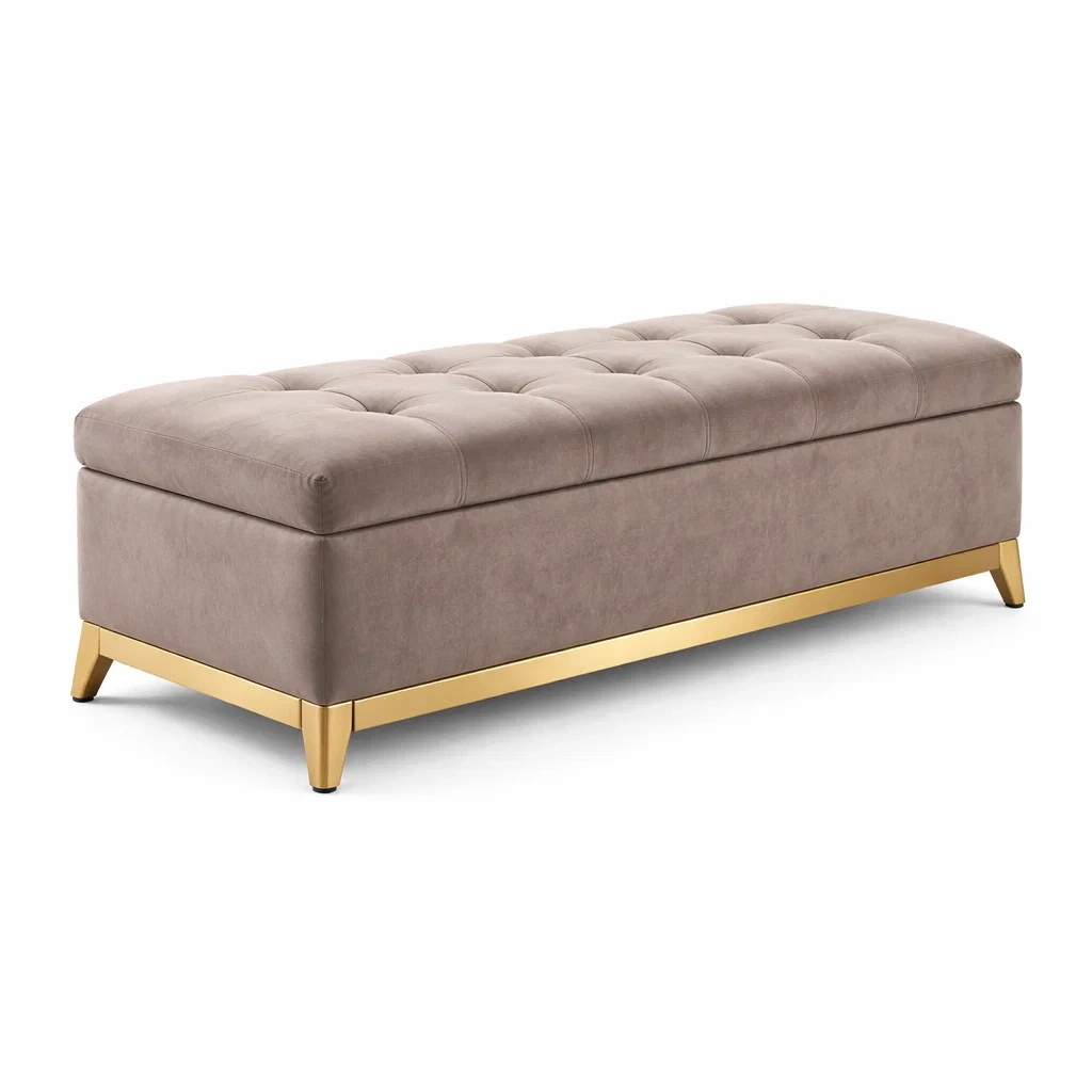 Panca contenitore in tessuto beige con base in metallo dorato 140x40x45 cm-DREAMCOMFORTNOOK