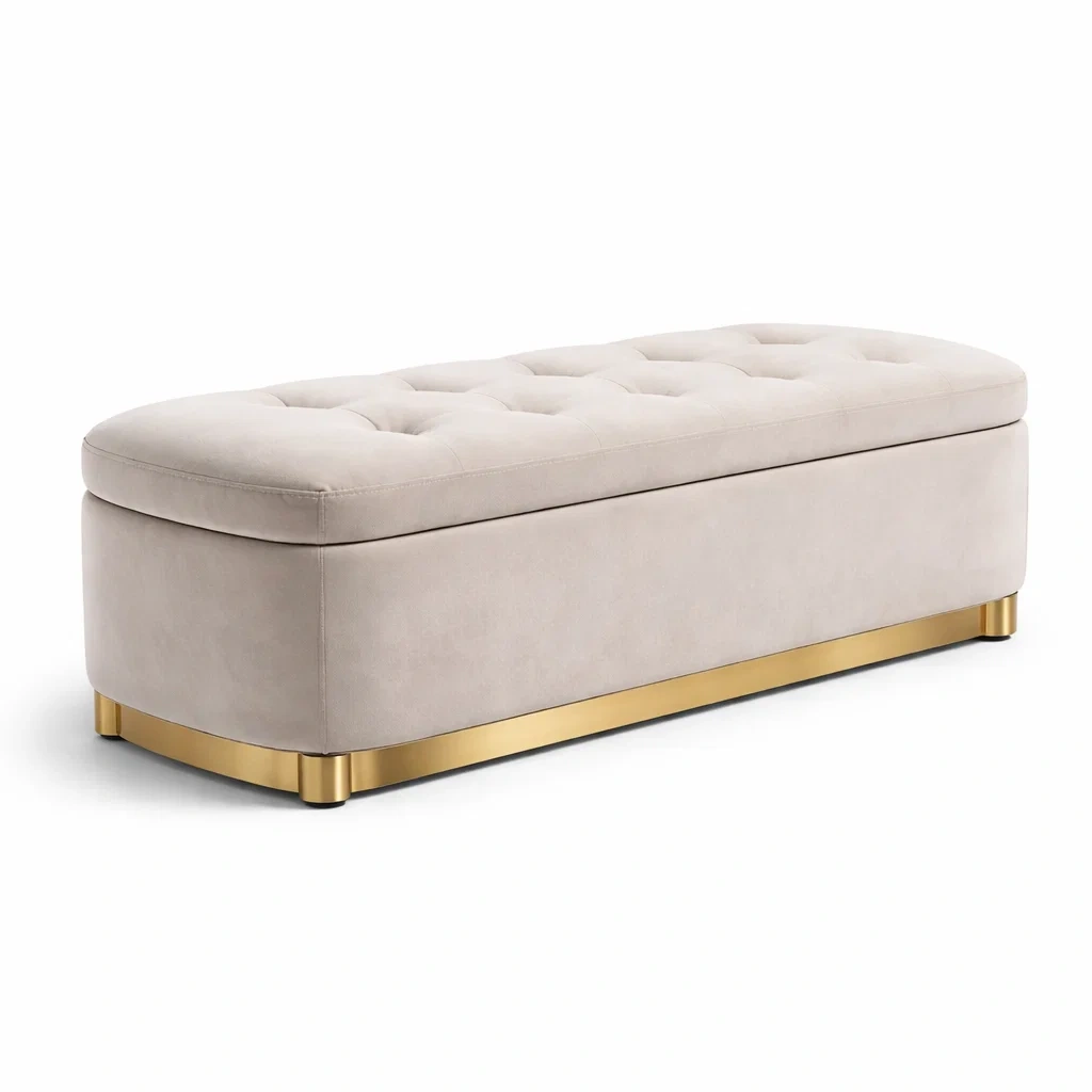 Panca contenitore in velluto beige con base in metallo dorato-DREAMCOMFORTNOOK