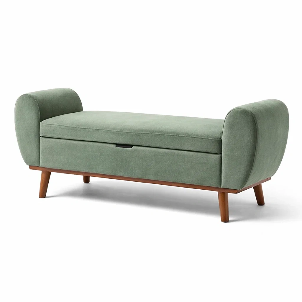 Panca contenitore in tessuto verde con gambe in legno-DREAMCOMFORTNOOK