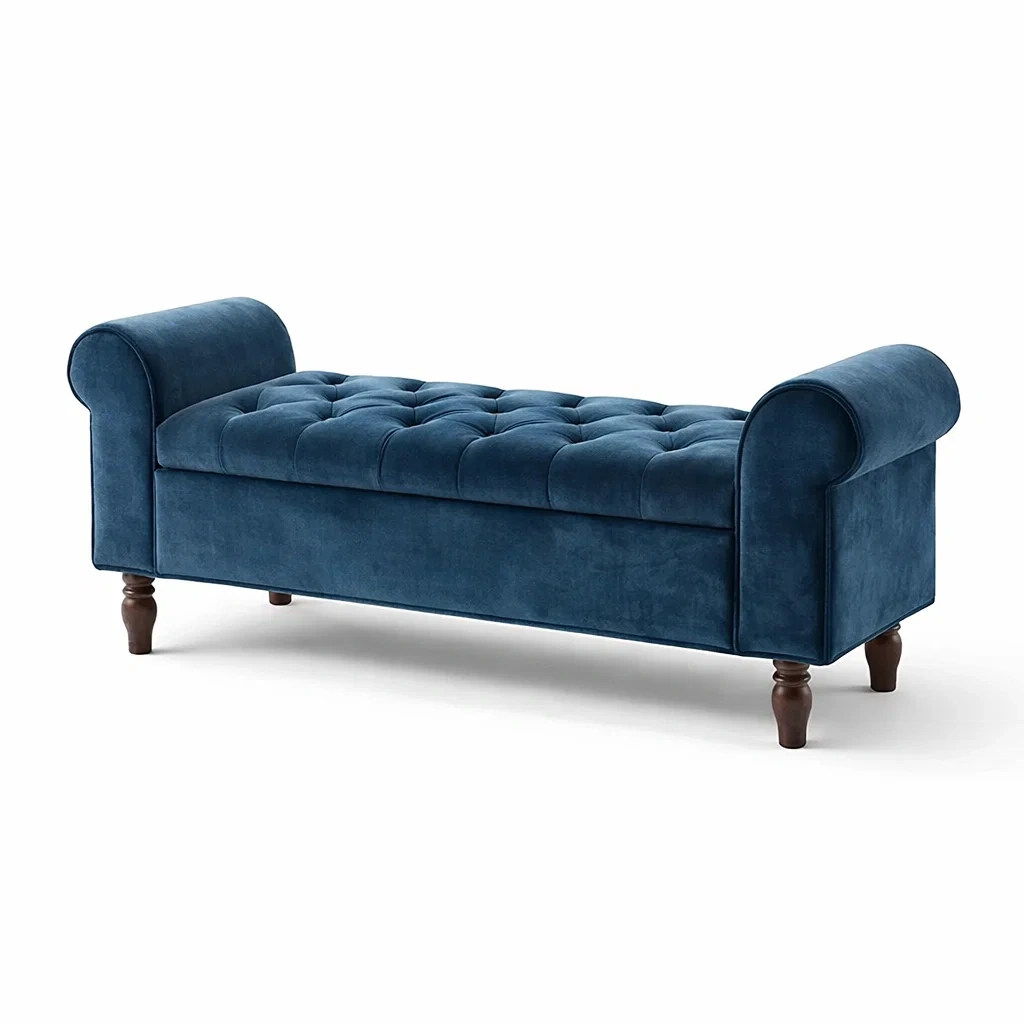 Panca in velluto blu con braccioli decorativi-DREAMCOMFORTNOOK