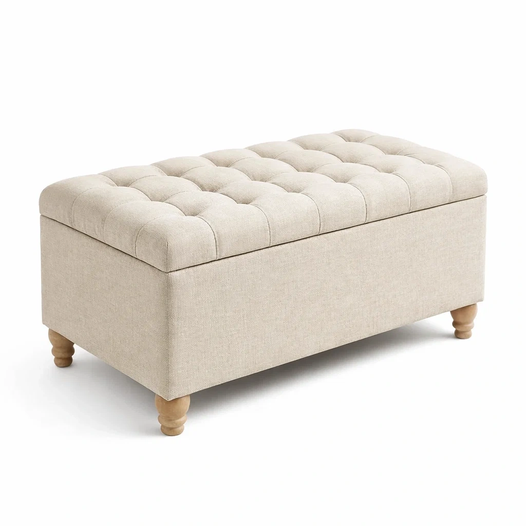 Panca Contenitore in Lino Beige con Gambe in Legno-DREAMCOMFORTNOOK