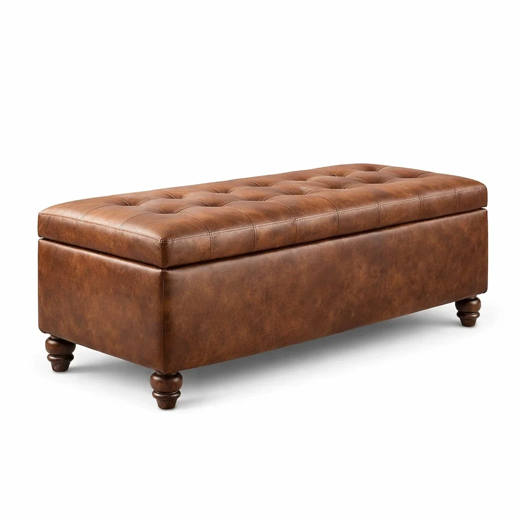 Panca Contenitore in Finta Pelle Marrone con Gambe in Legno, 120x45x40 cm-DREAMCOMFORTNOOK