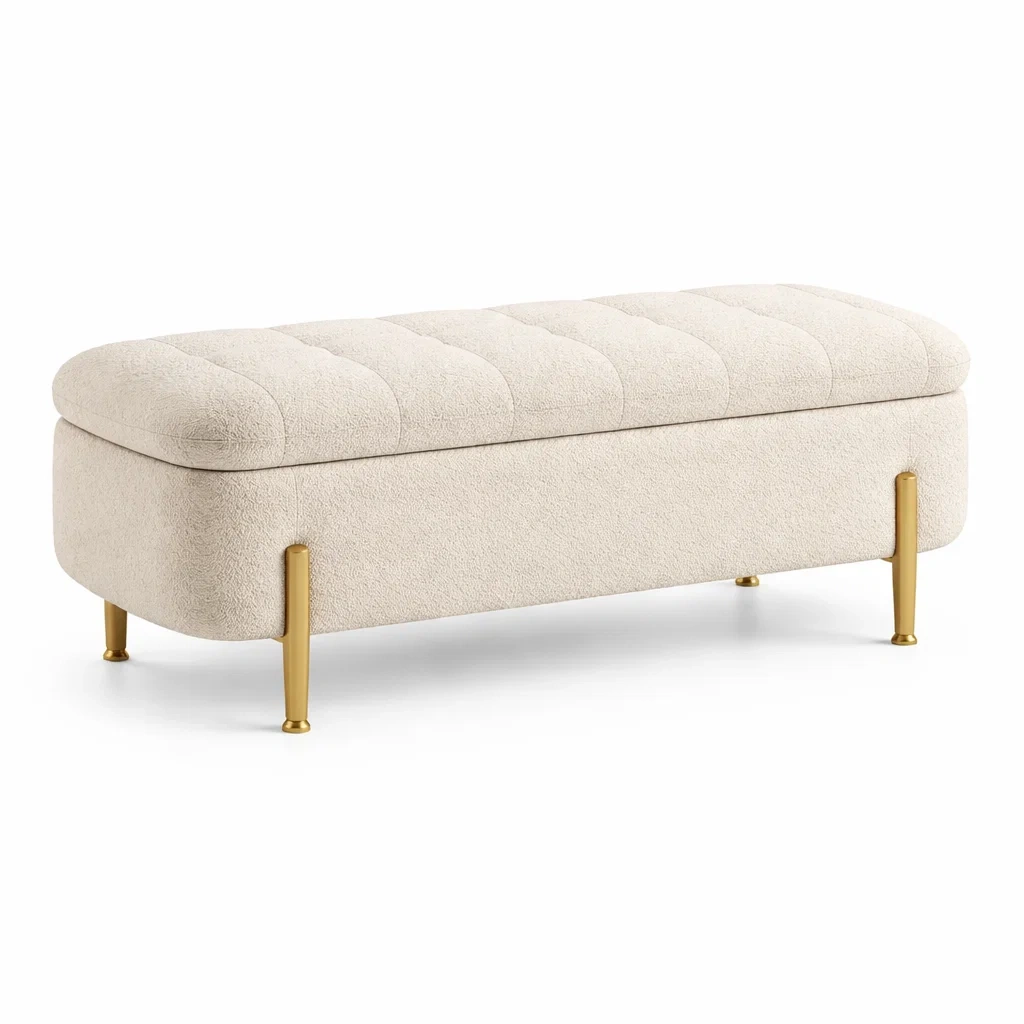 Panca in Tessuto Bouclé Crema con Gambe in Metallo Dorato-DREAMCOMFORTNOOK