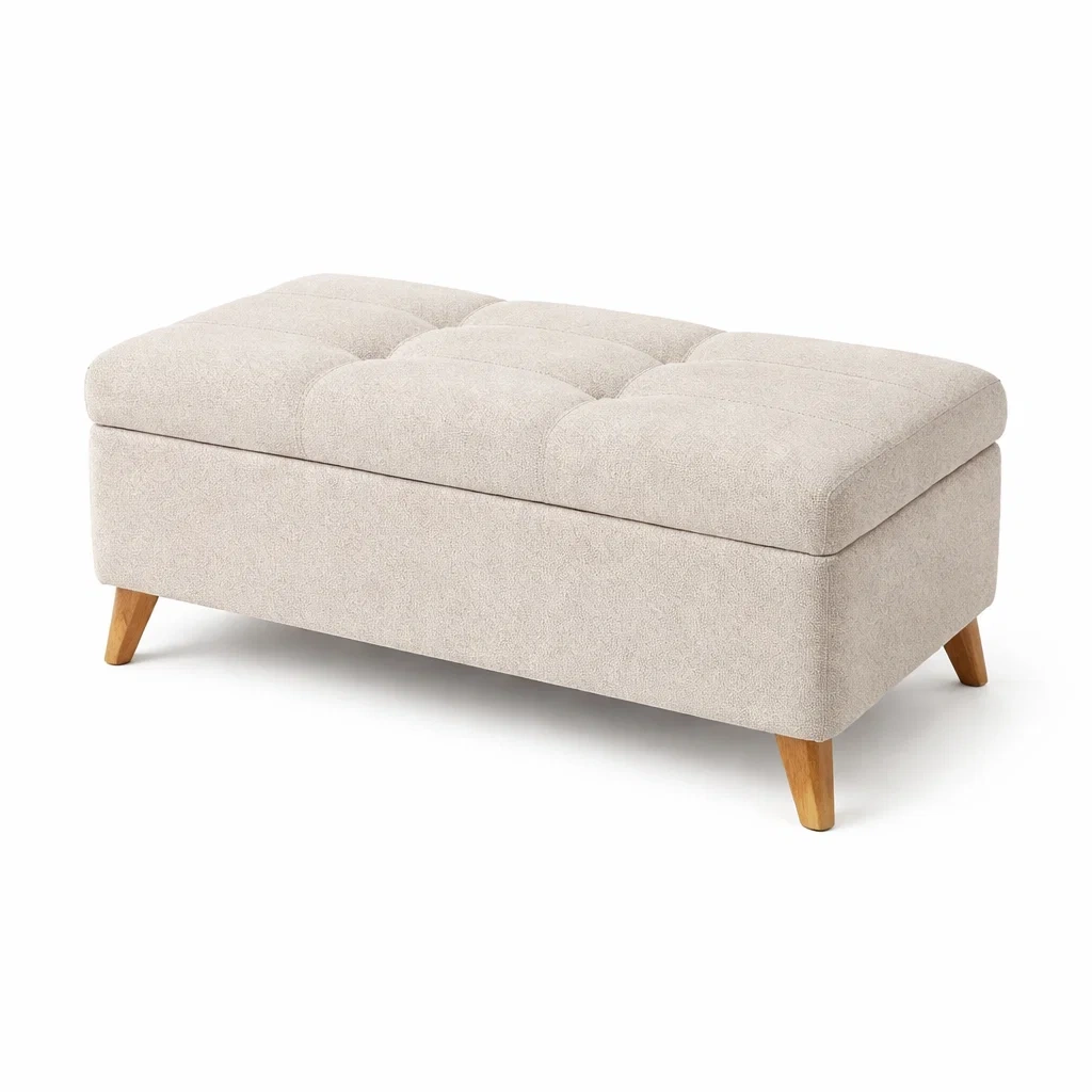 Panca contenitore in tessuto beige con gambe in legno 120 cm-DREAMCOMFORTNOOK