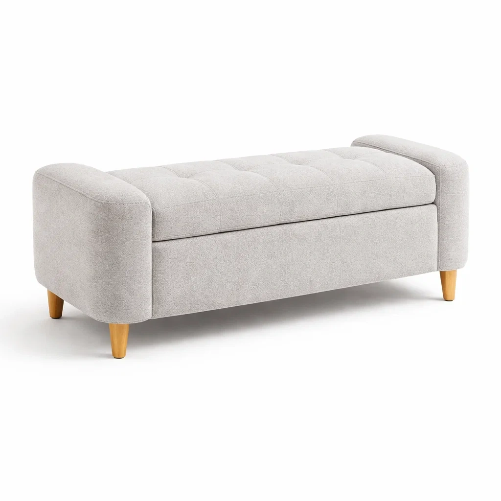 Panca Contenitore in Tessuto Grigio con Gambe in Legno-DREAMCOMFORTNOOK