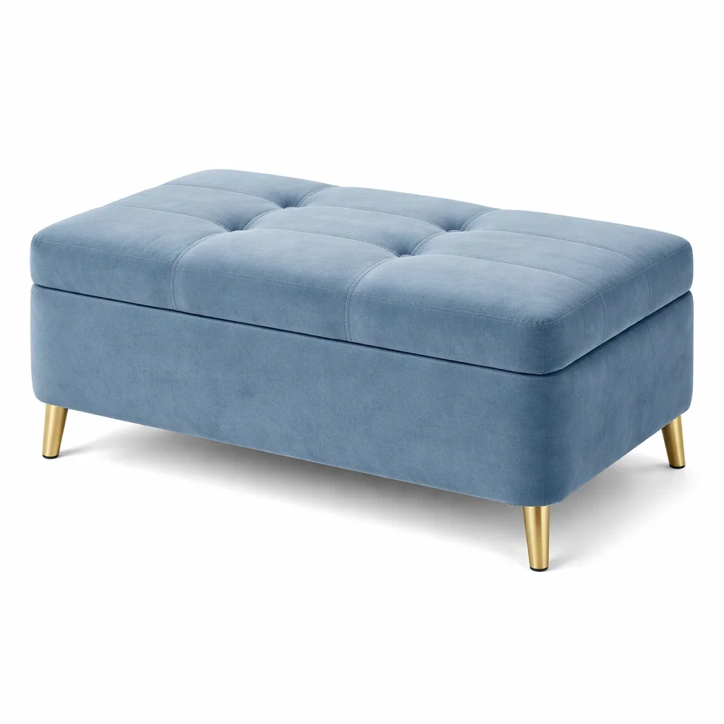 Pouf Contenitore in Tessuto Azzurro con Gambe Dorate-DREAMCOMFORTNOOK