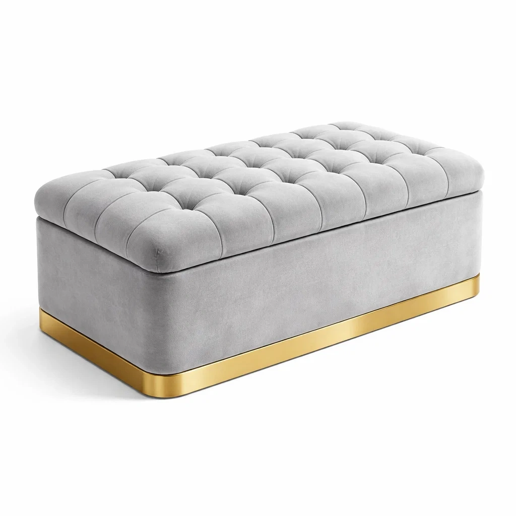 Panca Contenitore in Velluto Grigio con Base in Metallo-DREAMCOMFORTNOOK