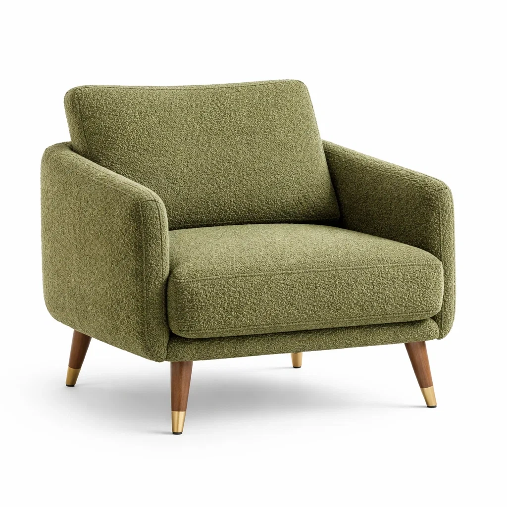 Poltrona in Tessuto Bouclé Verde con Gambe in Legno-DREAMCOMFORTNOOK