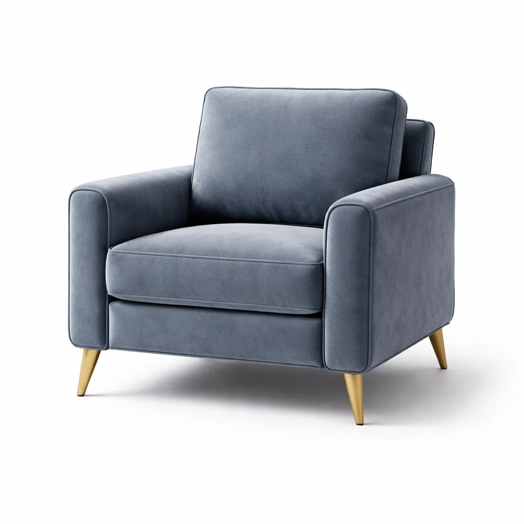 Poltrona in Velluto Blu con Gambe in Legno-DREAMCOMFORTNOOK