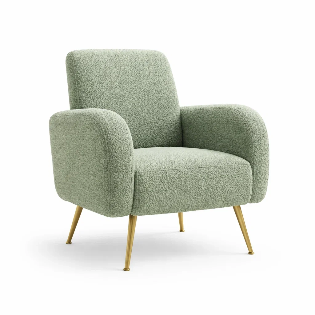 Poltrona in tessuto bouclé verde con gambe in metallo dorato-DREAMCOMFORTNOOK
