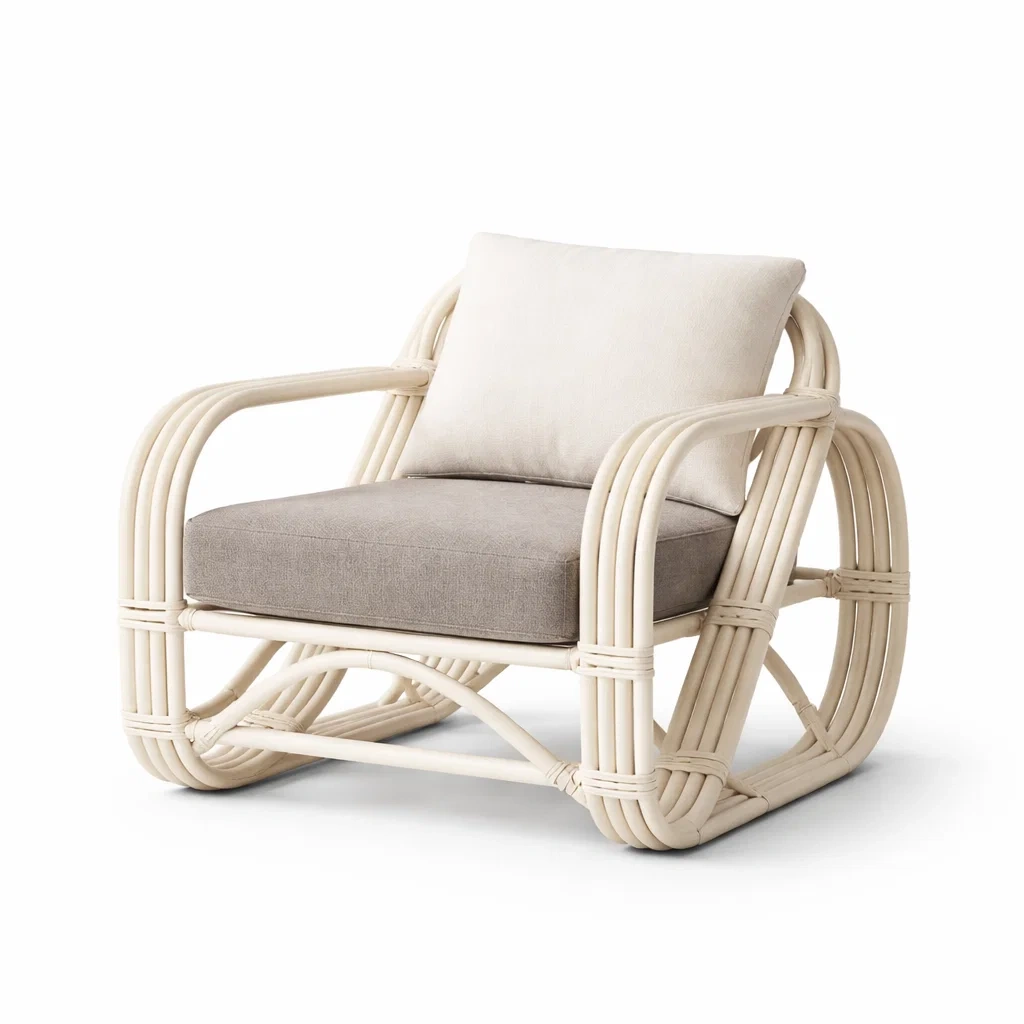 Poltrona in Rattan con Cuscini in Tessuto Grigio e Bianco-DREAMCOMFORTNOOK