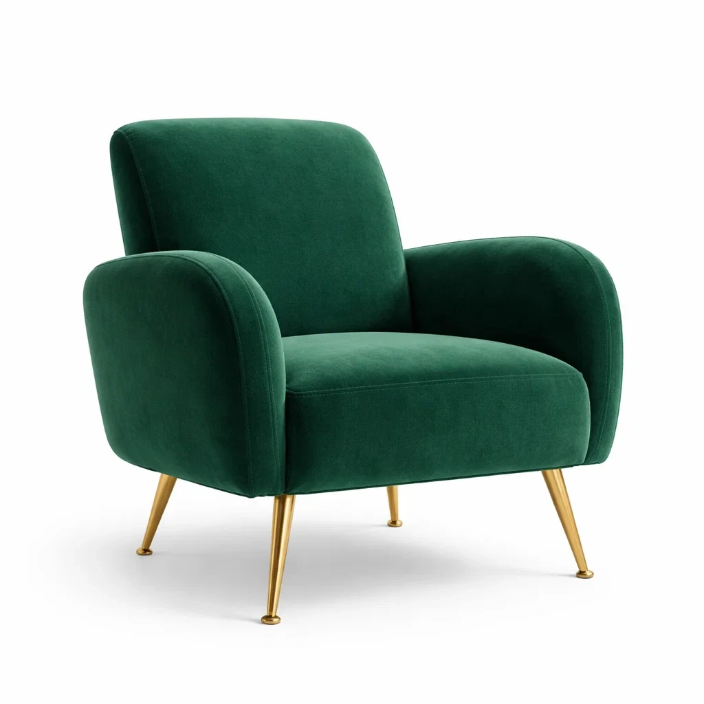 Poltrona in Velluto Verde con Gambe in Metallo-DREAMCOMFORTNOOK