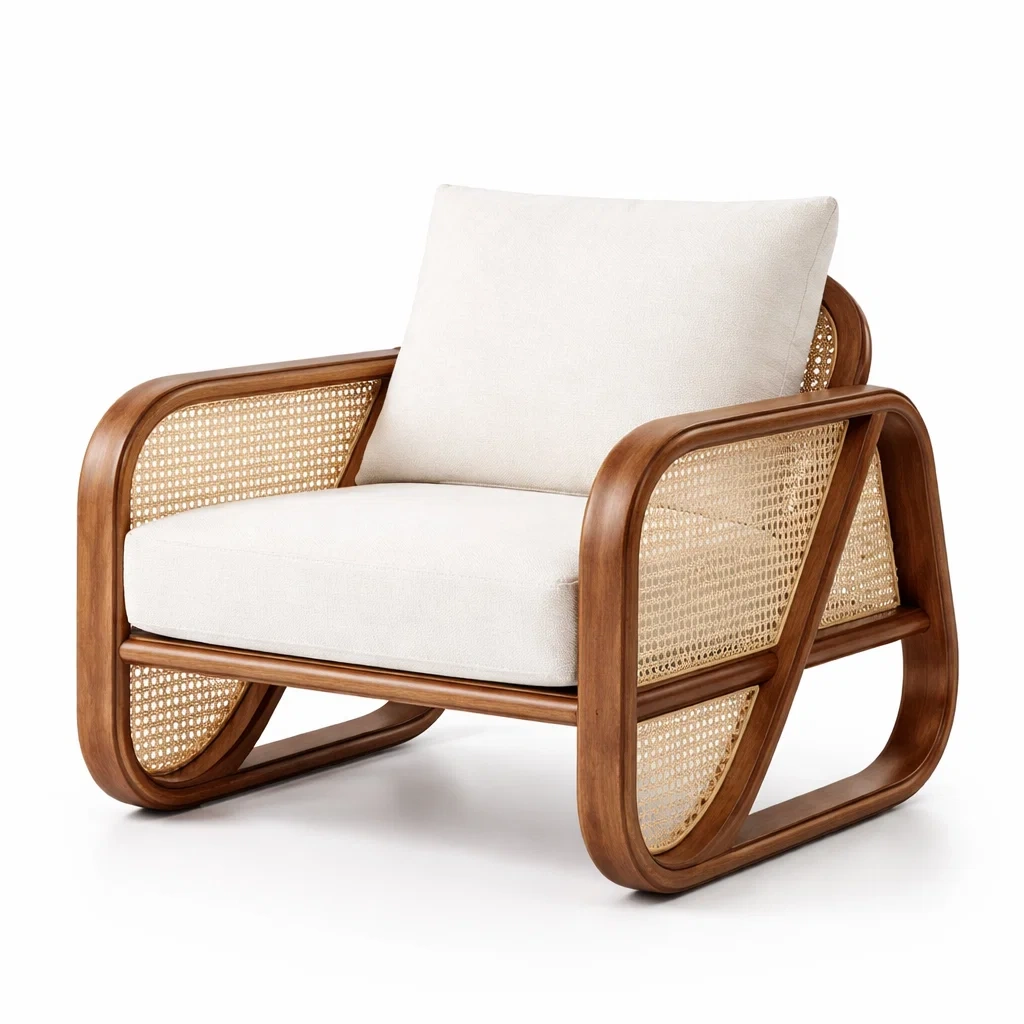 Poltrona in Legno e Rattan con Cuscino in Cotone-DREAMCOMFORTNOOK