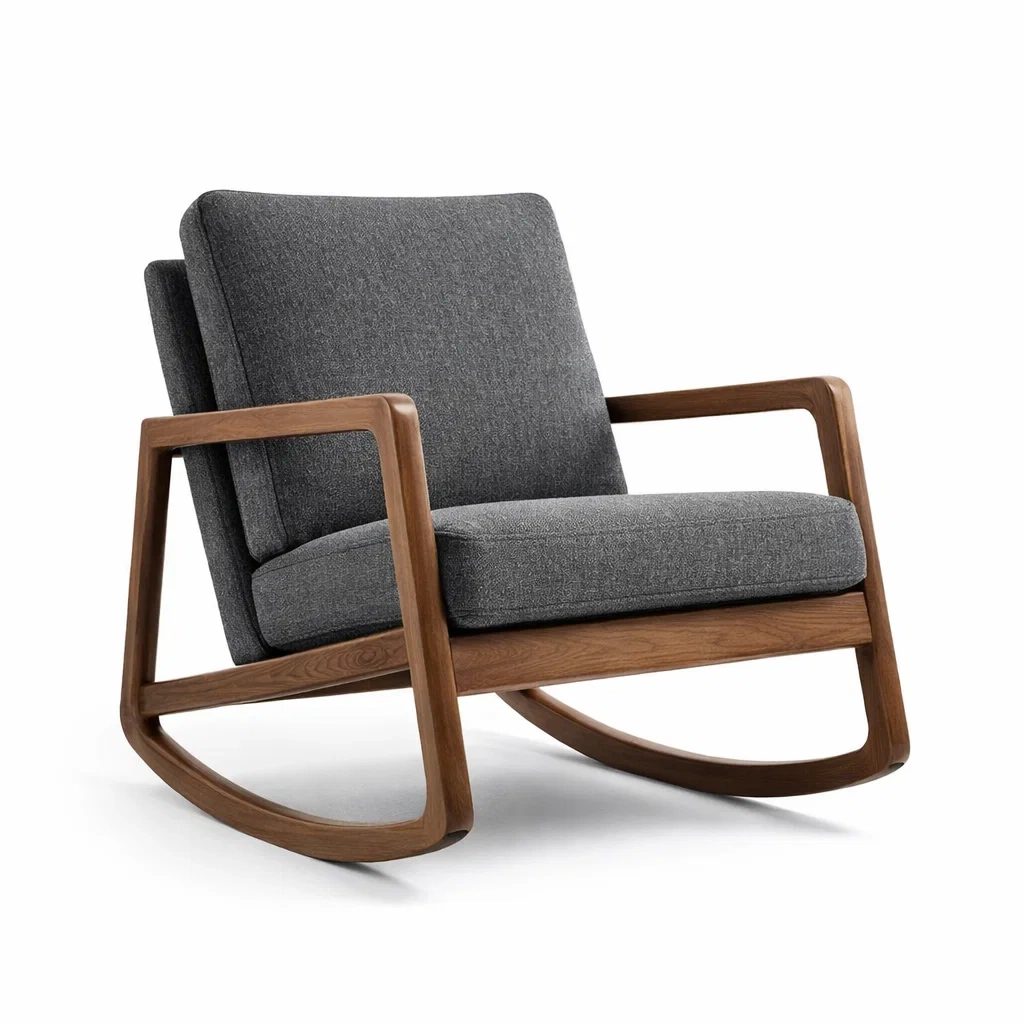 Sedia a dondolo in legno con cuscini grigi-DREAMCOMFORTNOOK