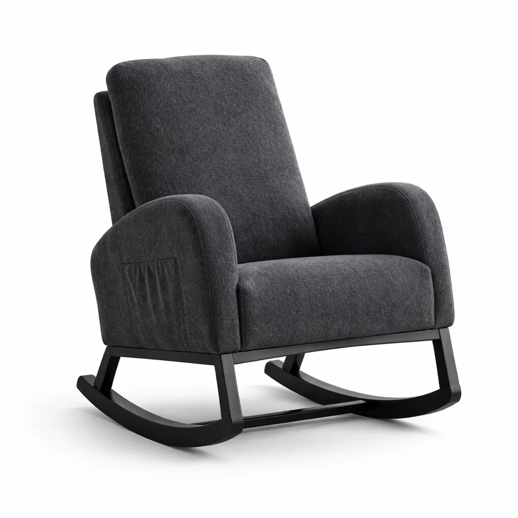Poltrona a dondolo in tessuto poliestere grigio con struttura in legno-DREAMCOMFORTNOOK