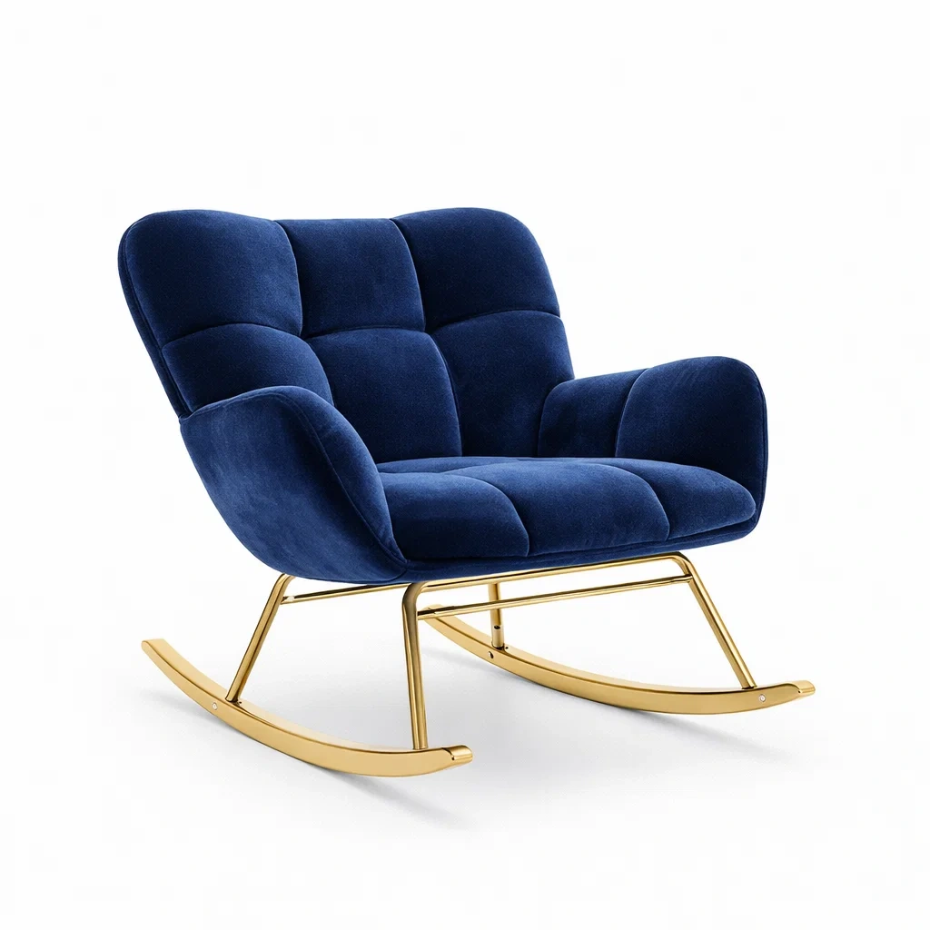 Poltrona a dondolo in velluto blu con struttura in metallo dorato-DREAMCOMFORTNOOK