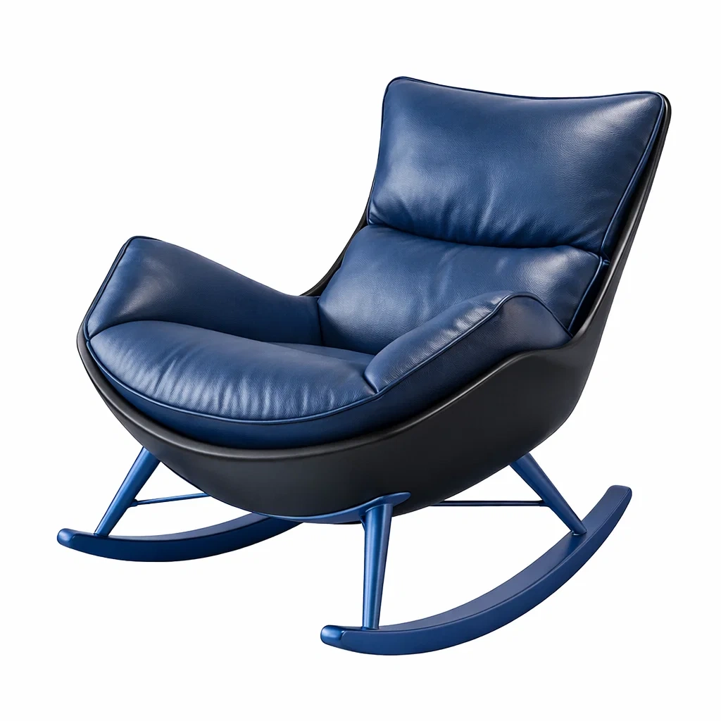 Poltrona a Dondolo in Pelle Blu con Struttura in Acciaio Nero-DREAMCOMFORTNOOK