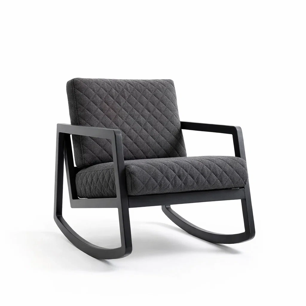 Poltrona a dondolo in legno con tessuto trapuntato grigio-DREAMCOMFORTNOOK