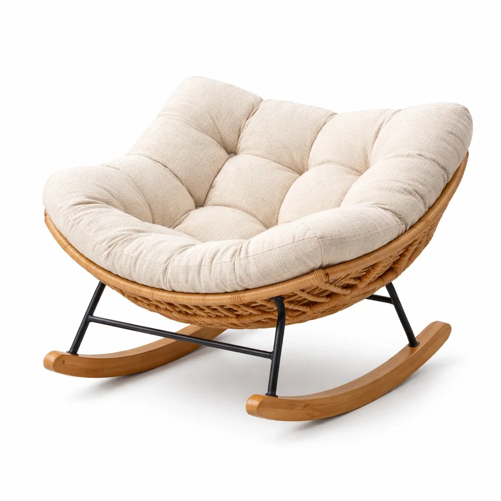 Sedia a dondolo in legno e metallo con cuscino in tessuto Beige-DREAMCOMFORTNOOK