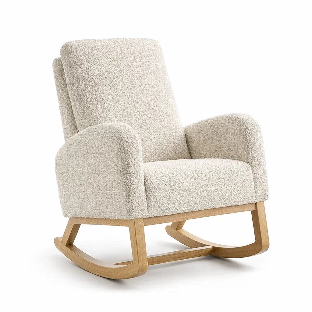 Poltrona a Dondolo Tessuto Bouclé Beige con Base in Legno di Quercia-DREAMCOMFORTNOOK