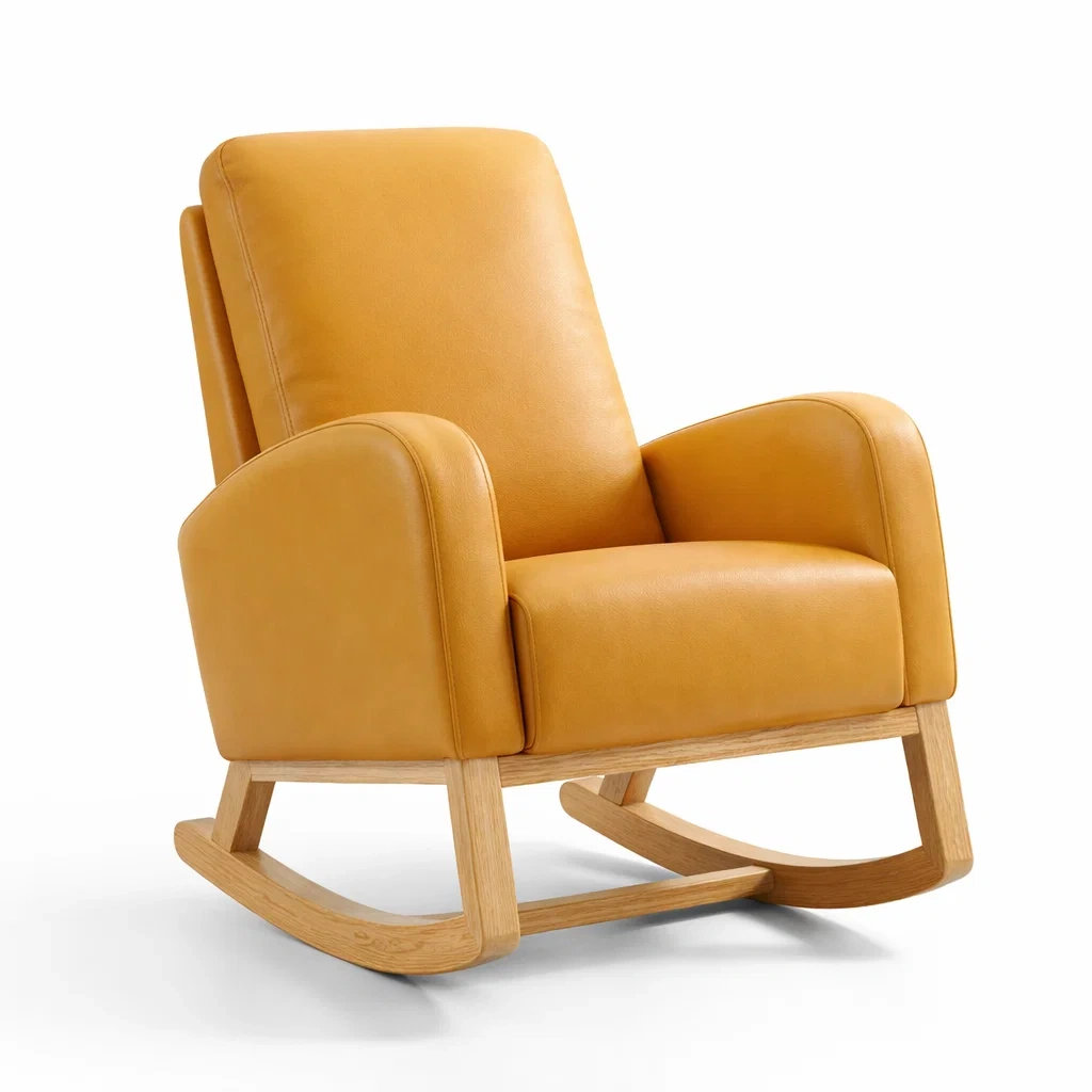 Sedia a dondolo in legno con rivestimento in pelle sintetica gialla-DREAMCOMFORTNOOK