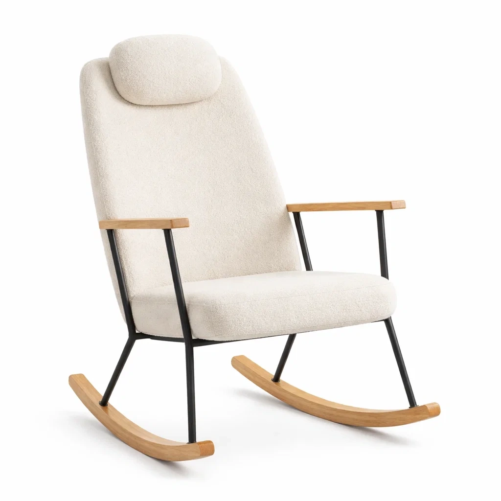 Sedia a dondolo in tessuto con braccioli in legno-DREAMCOMFORTNOOK