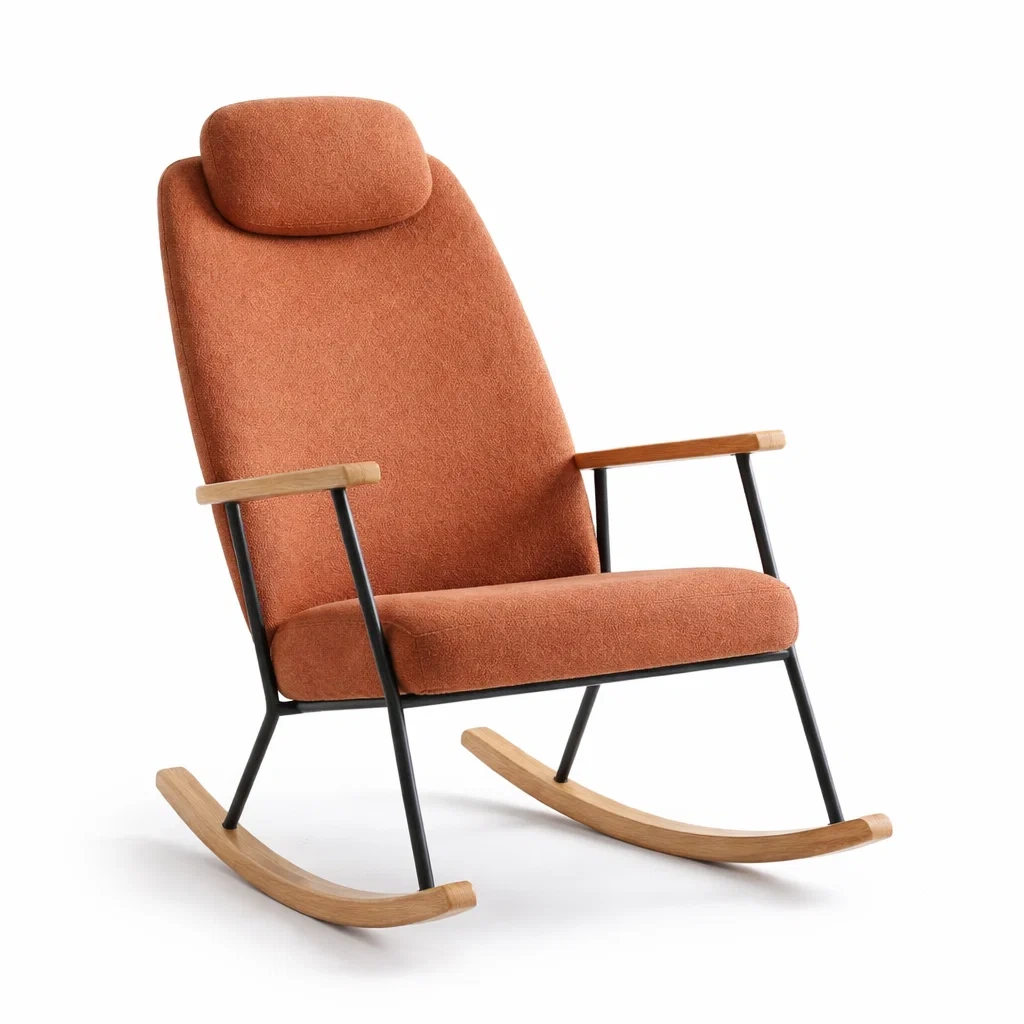 Sedia a Dondolo in Tessuto Arancione con Struttura in Metallo e Legno-DREAMCOMFORTNOOK