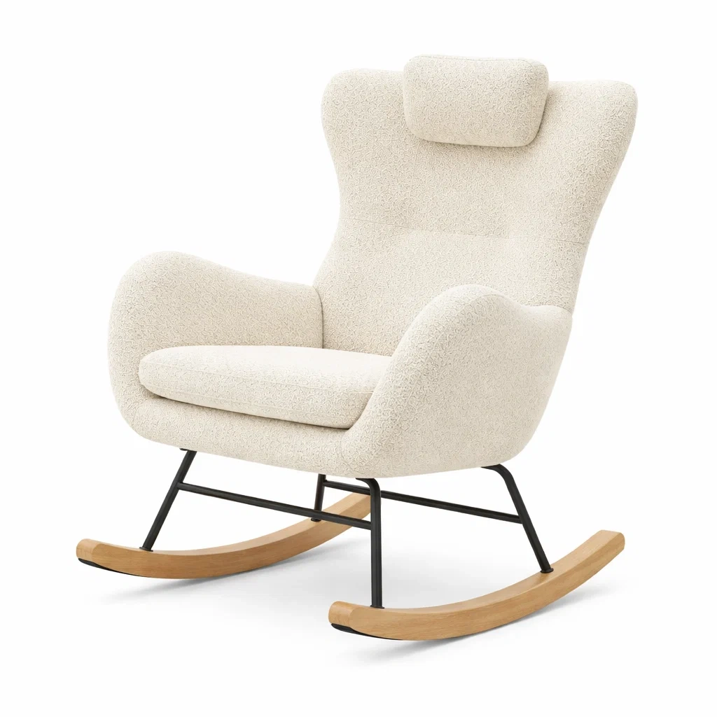 Sedia a dondolo in tessuto crema con base in legno e struttura in metallo-DREAMCOMFORTNOOK