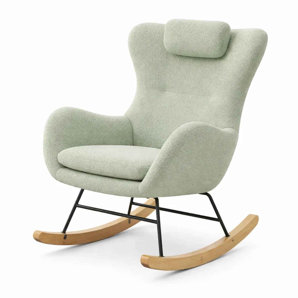 Poltrona a Dondolo in Tessuto Verde con Struttura in Metallo e Legno-DREAMCOMFORTNOOK