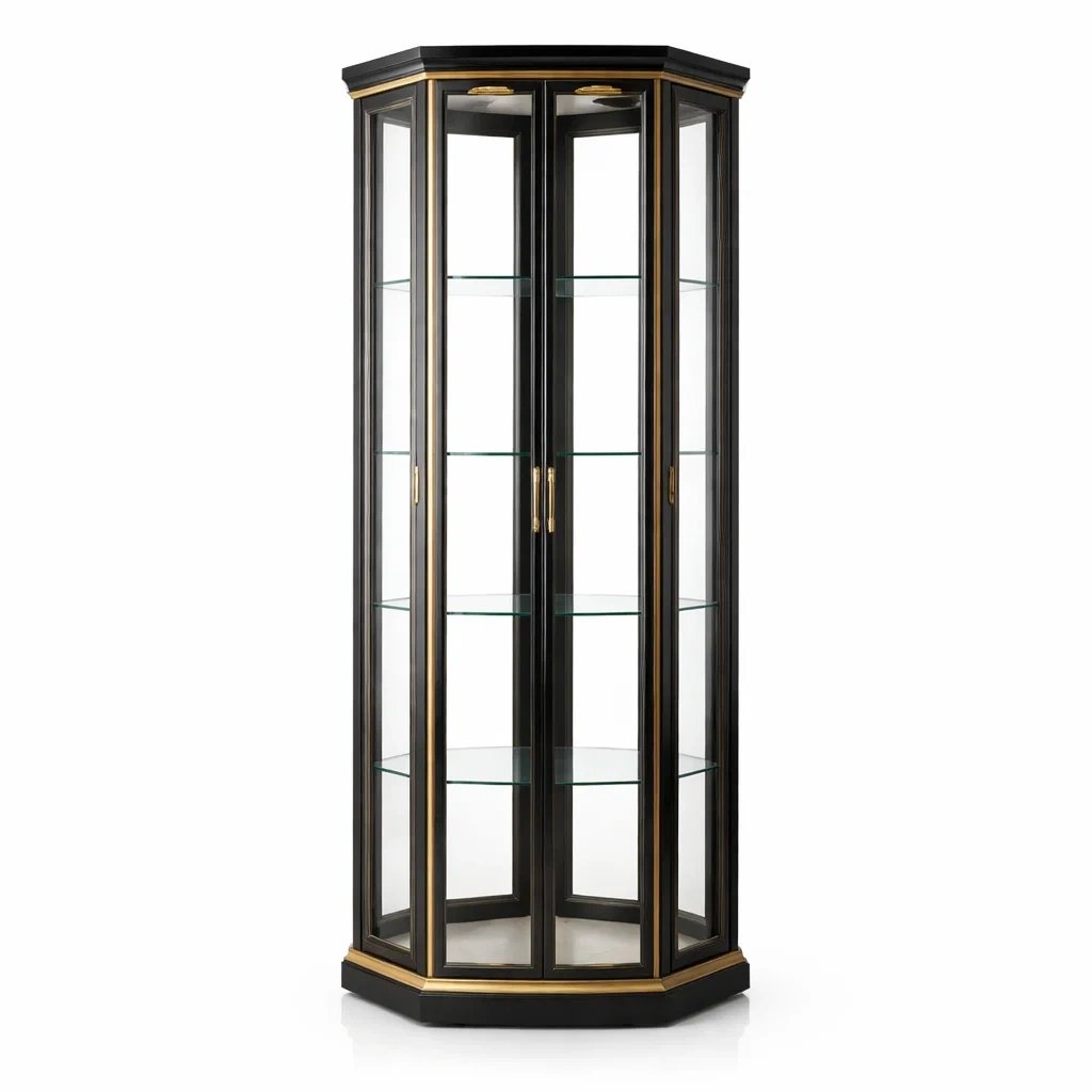 Vetrina angolare in legno e vetro temperato nero con dettagli dorati-DREAMCOMFORTNOOK
