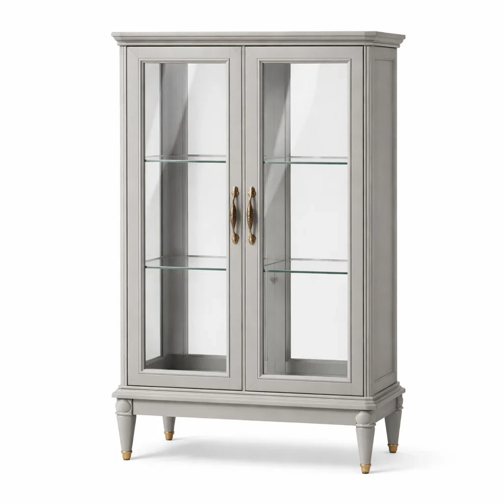 Vetrina Grigia con Ante in Vetro Temperato e Ripiani-DREAMCOMFORTNOOK