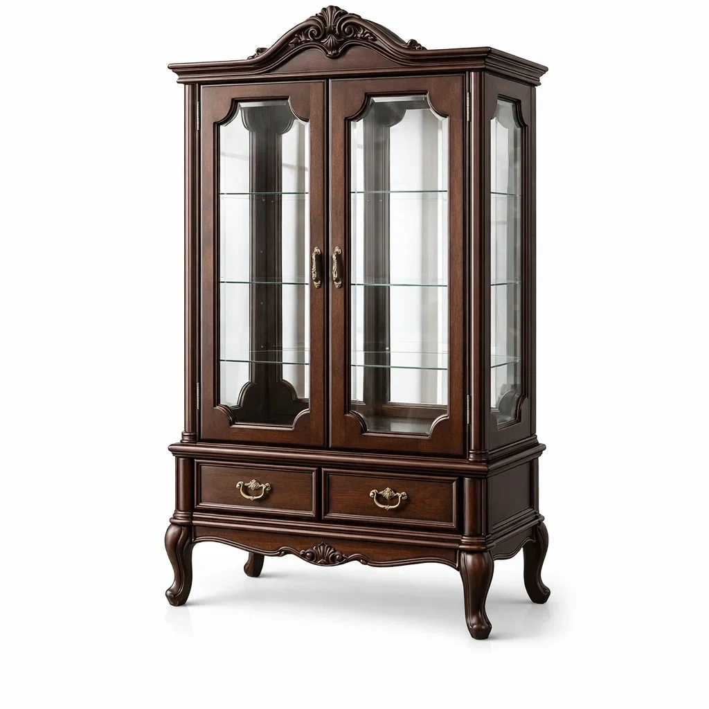 Vetrina in Legno con Ante in Vetro Temperato e Cassetti, Marrone-DREAMCOMFORTNOOK