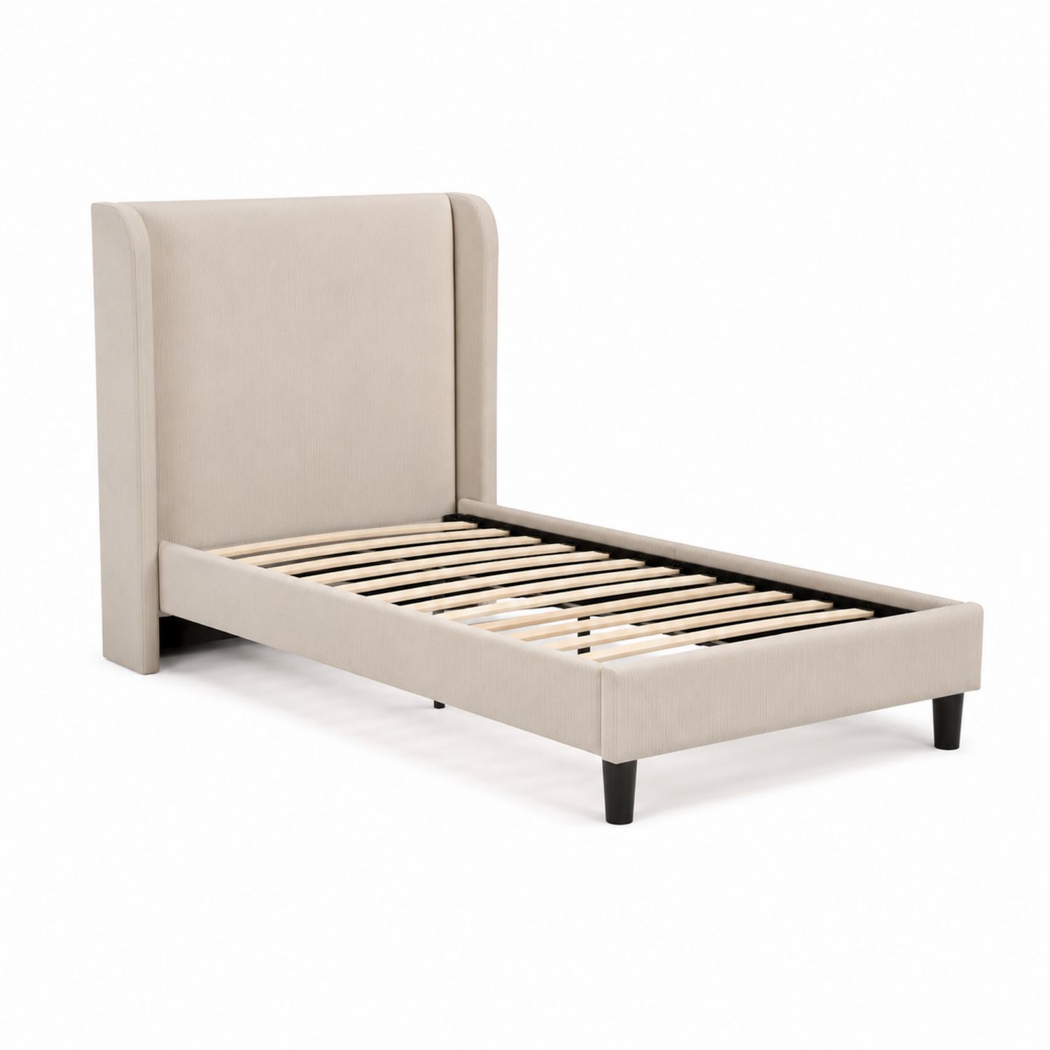 Cama individual de madera contrachapada beige con cabecero alto-luntrivaria