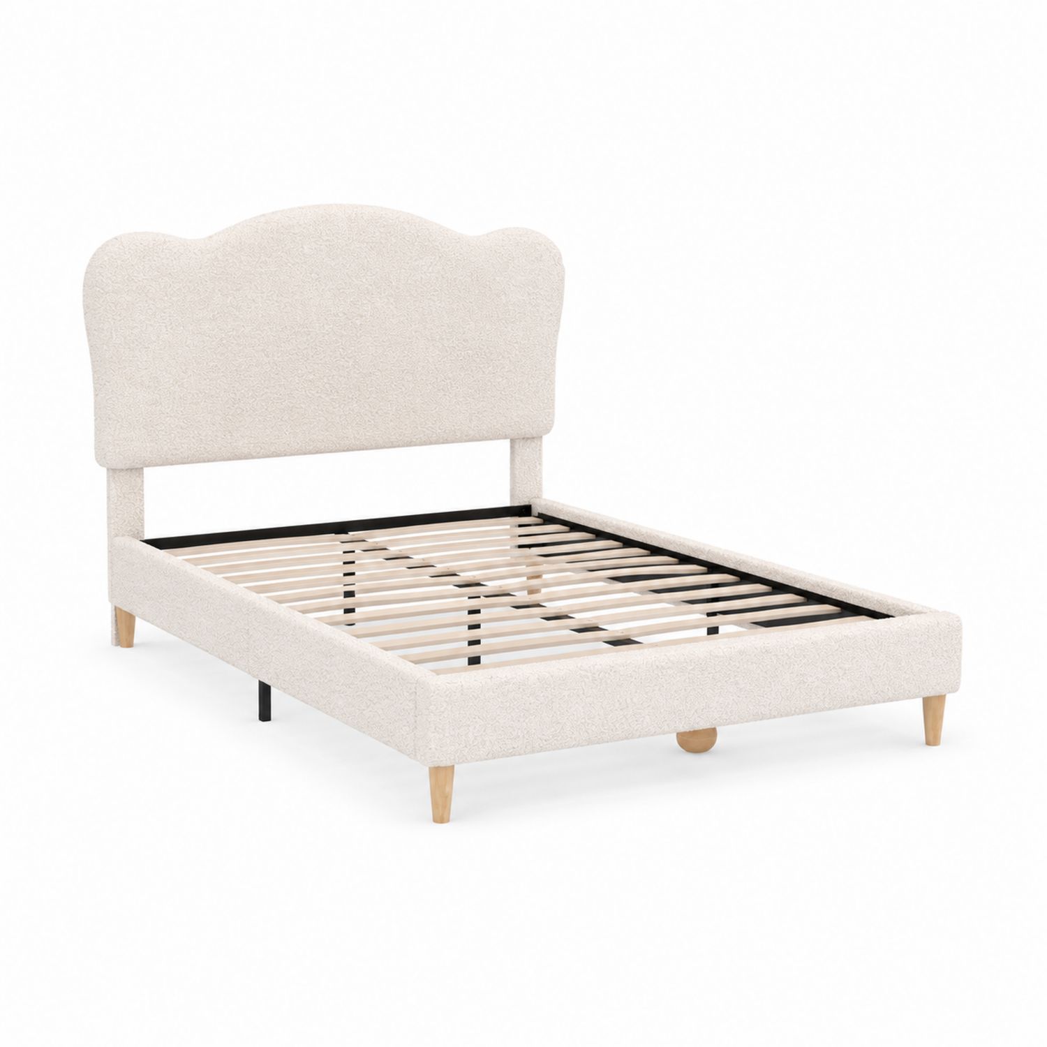Cama individual de madera y tela poliéster beige con cabecero curvo-luntrivaria