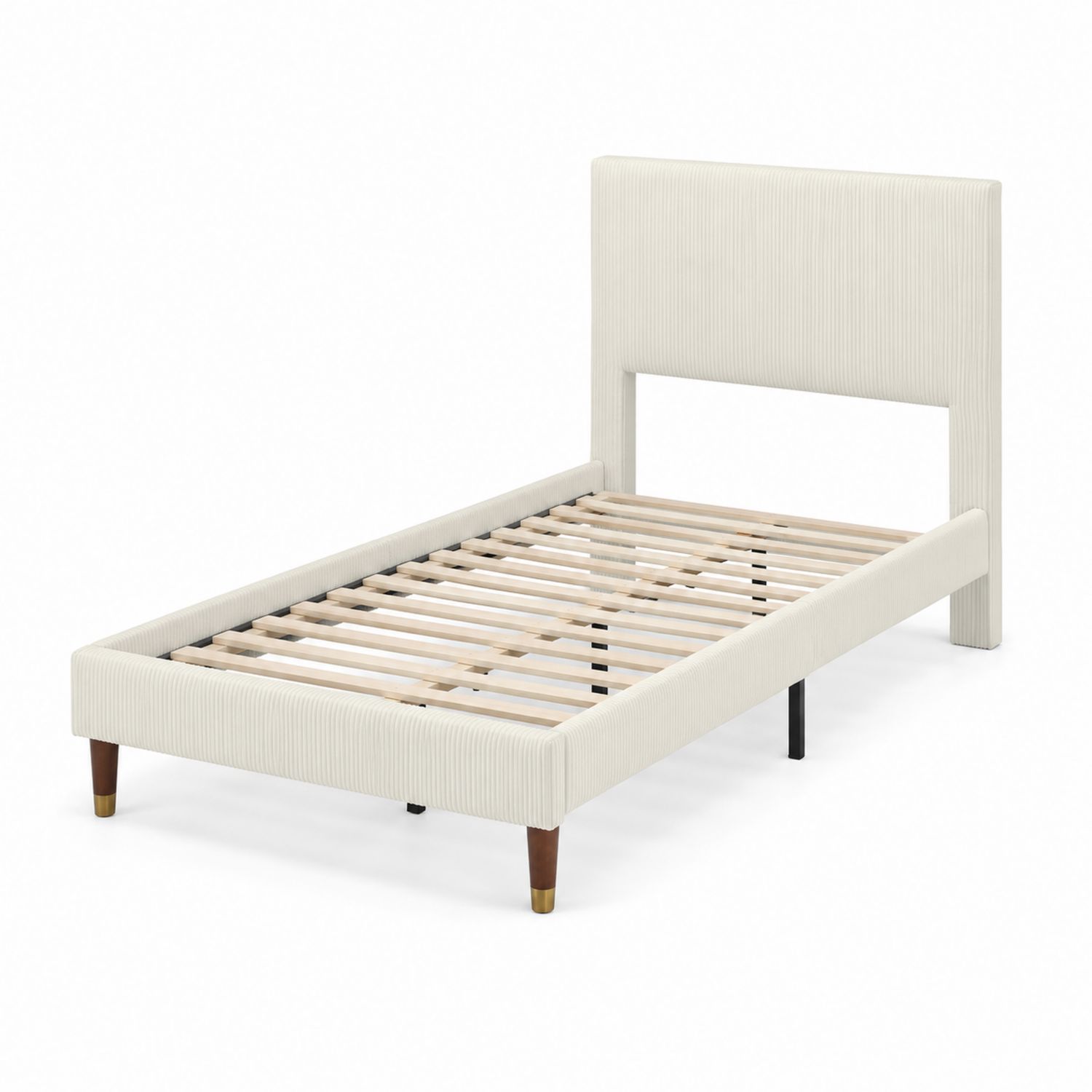 Cama individual de madera y metal tapizada en poliéster crema, 200 cm x 100 cm-luntrivaria