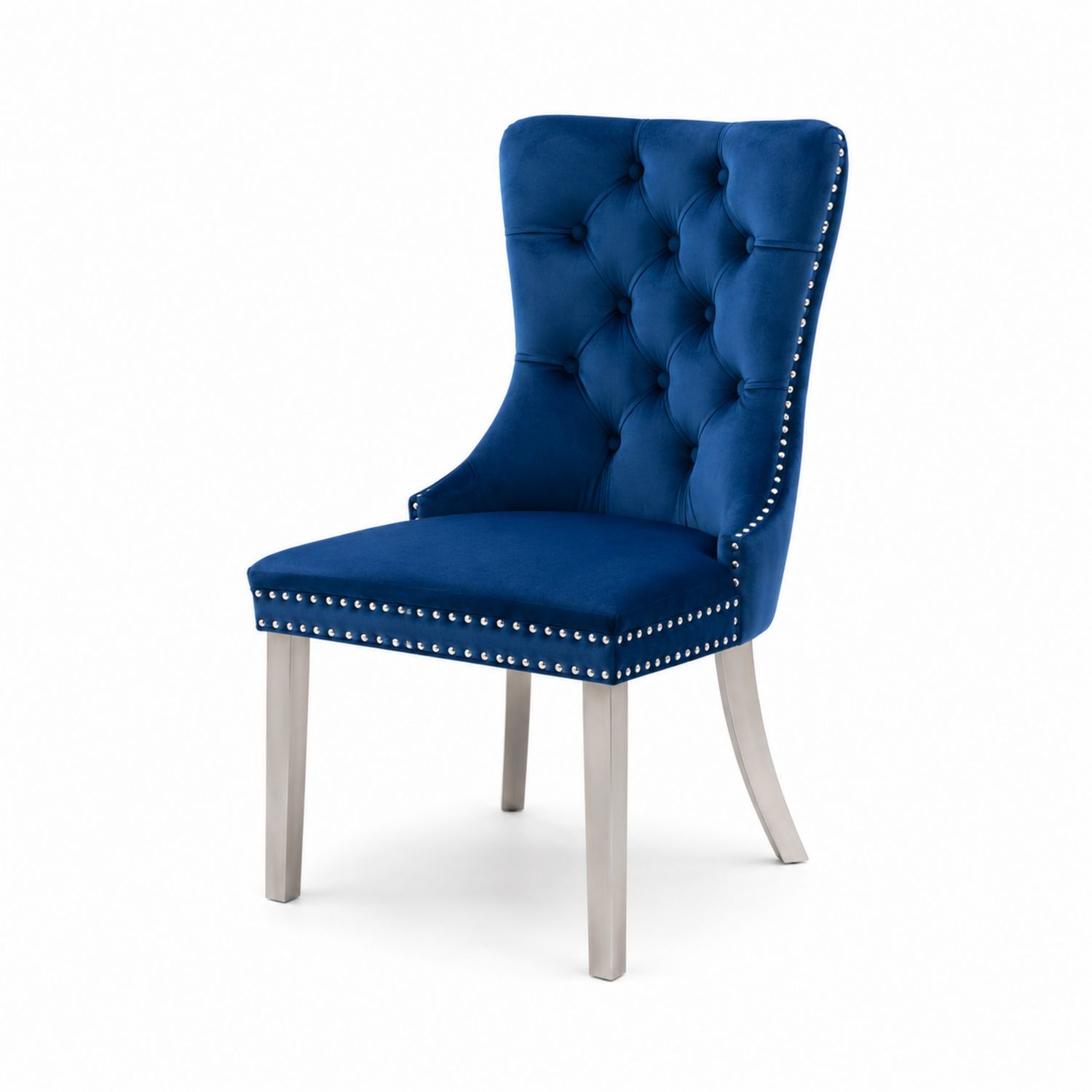 Silla de terciopelo azul con patas de metal-luntrivaria