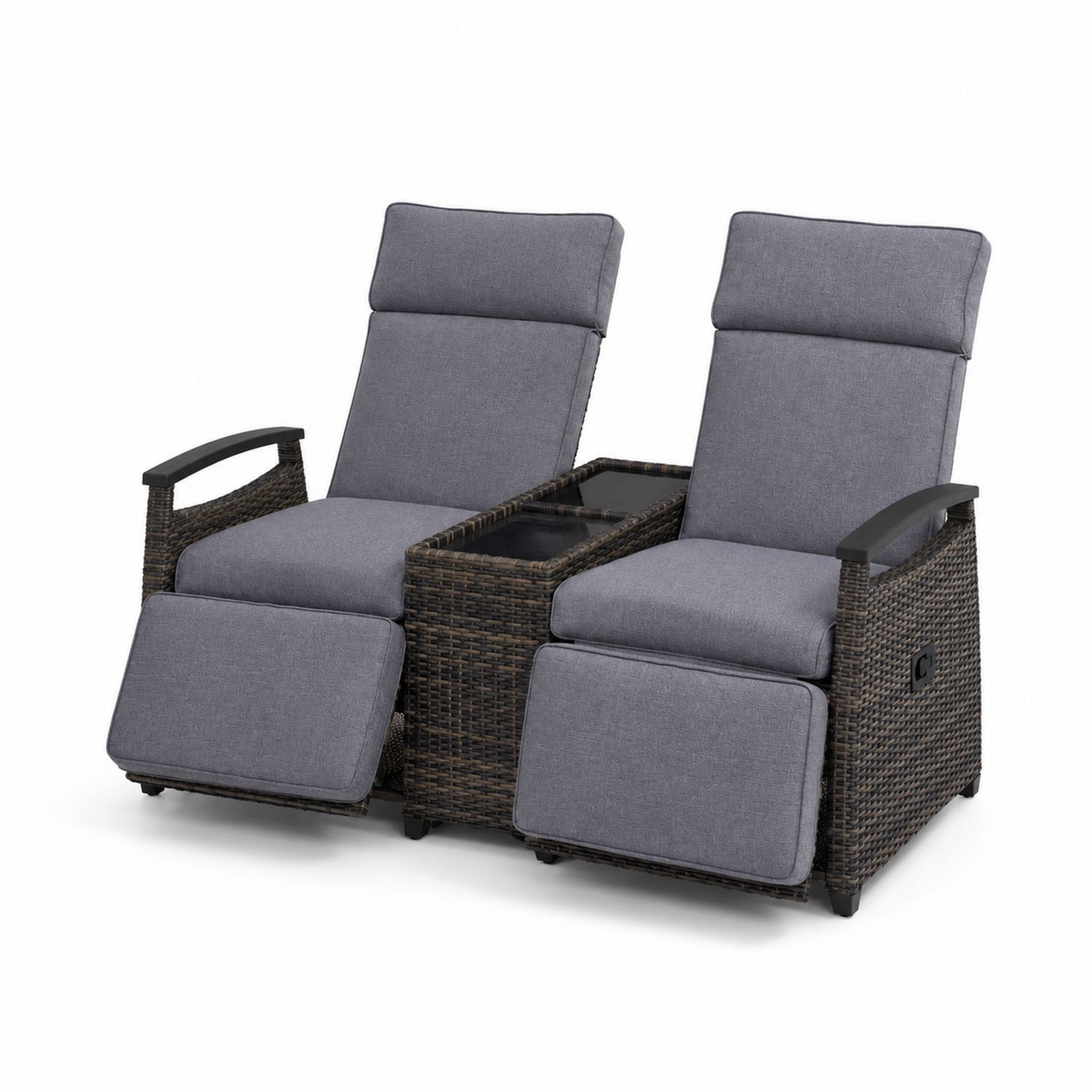 Conjunto de Sillones Reclinables de Ratán con Cojines Grises y Mesa de Vidrio-luntrivaria