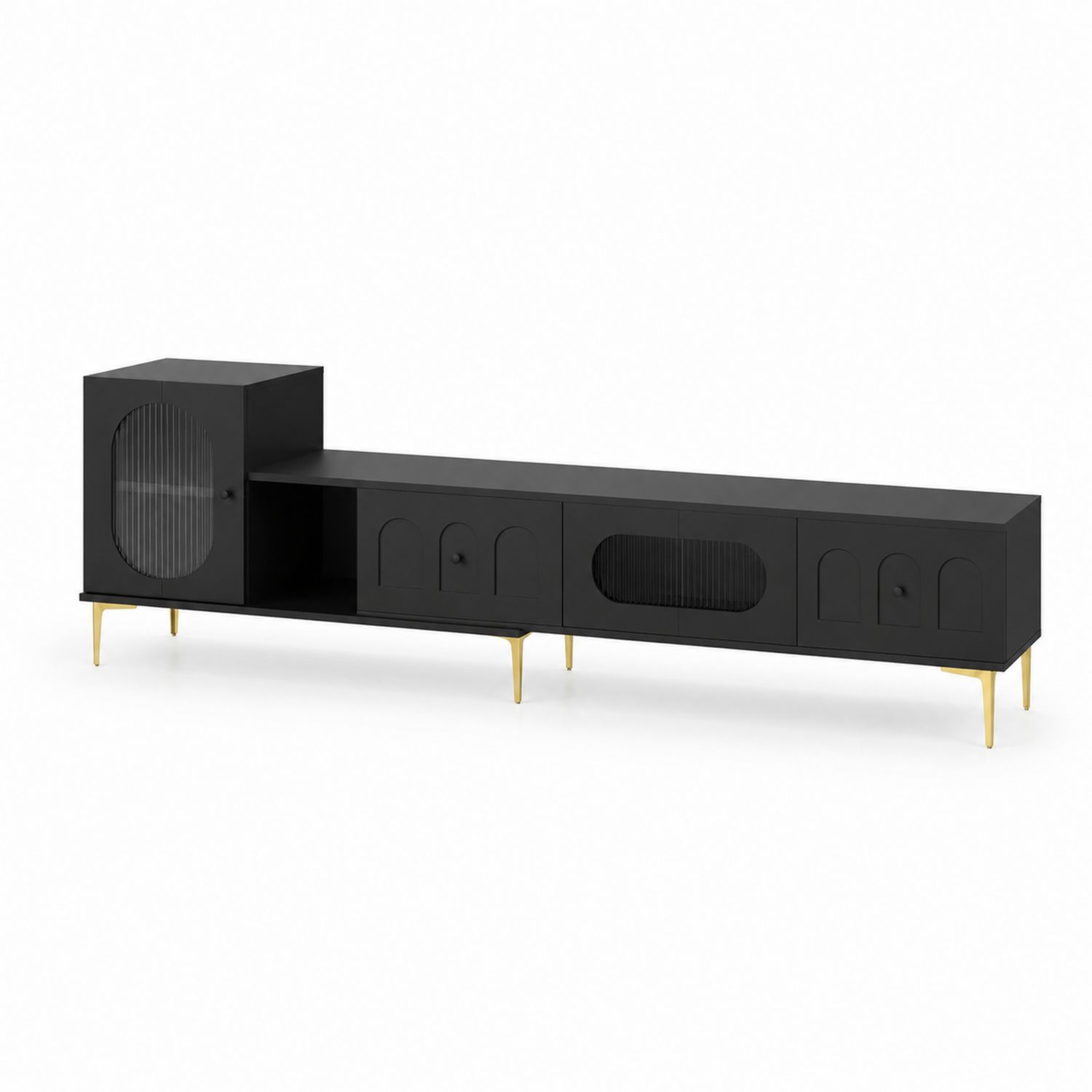 Mueble de TV de MDF Negro con Puertas de Vidrio Acrílico y Patas Doradas-luntrivaria
