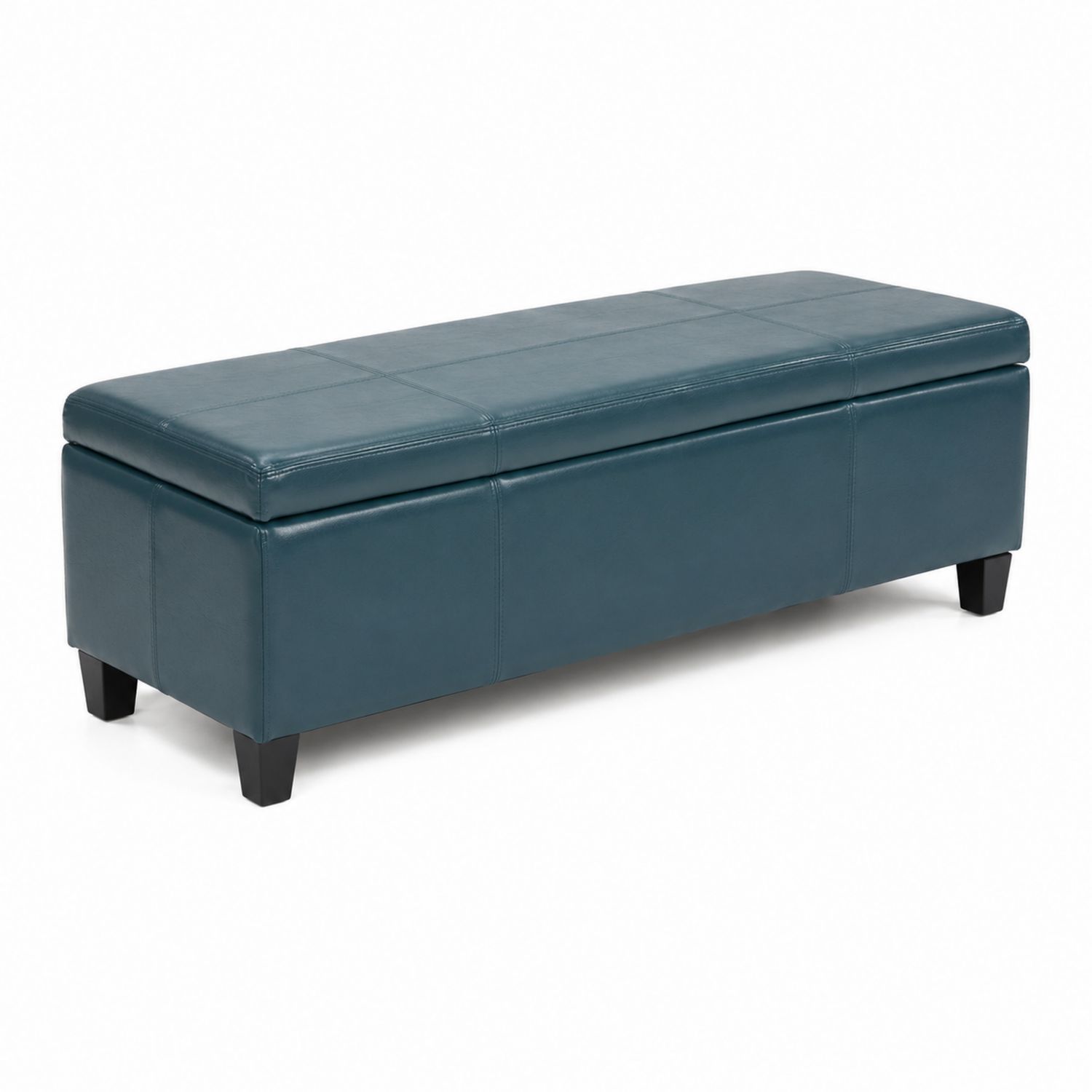 Banco de almacenamiento de cuero sintético azul con patas de madera-luntrivaria
