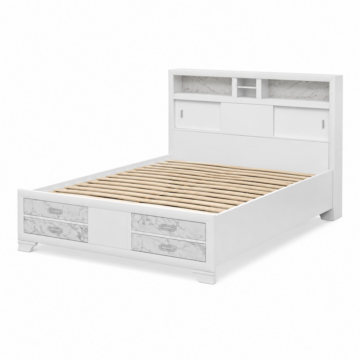 Cama de Madera Blanca con Almacenamiento y Cabecero de Estantería 200x150 cm-luntrivaria
