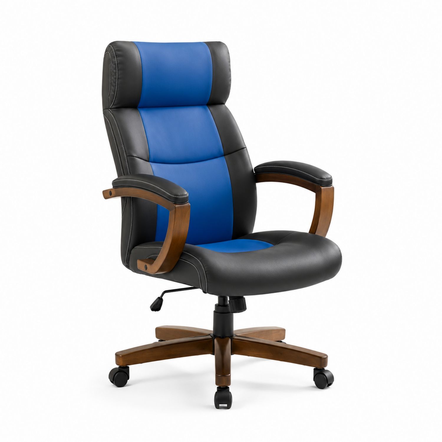 Silla de oficina de cuero PU azul y negro con reposabrazos de madera-luntrivaria