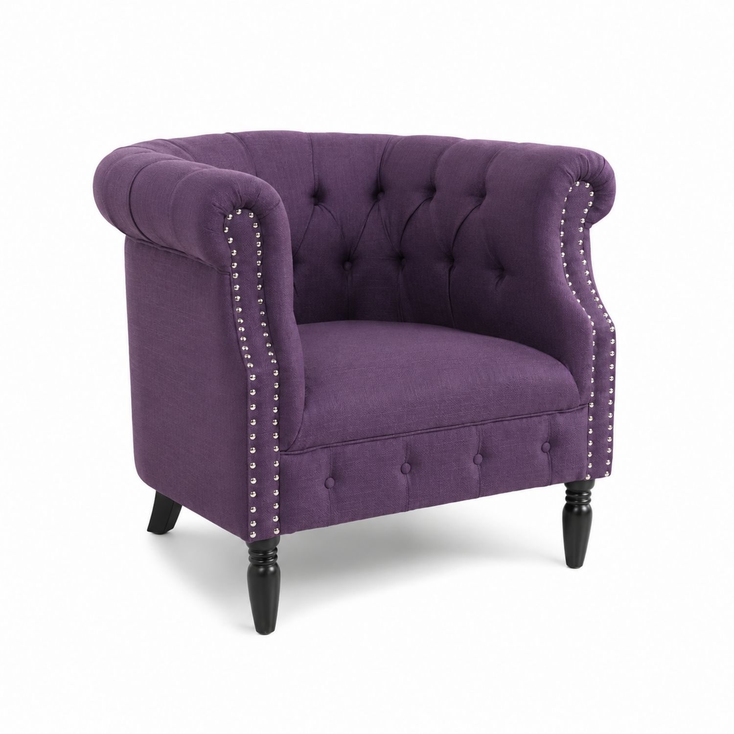 Sillón de lino morado con patas de madera oscura-luntrivaria