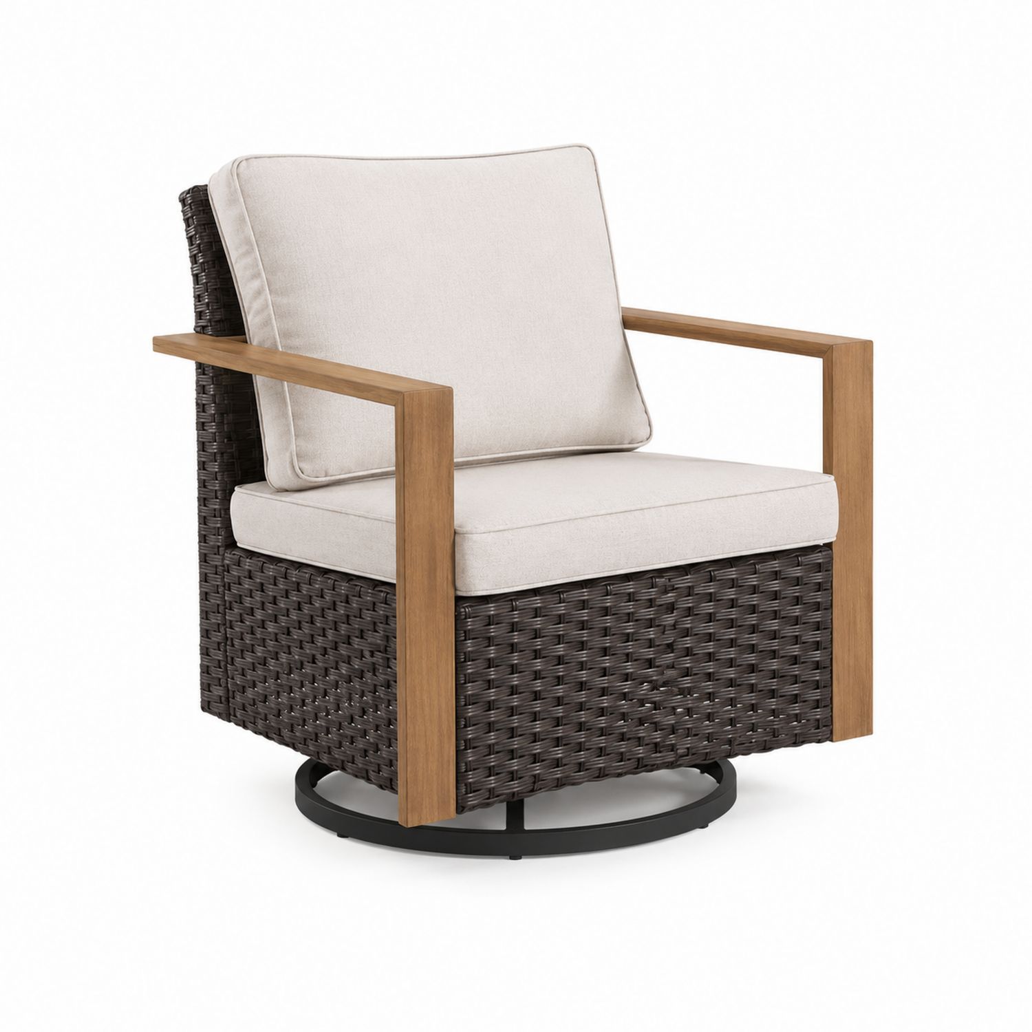 Silla Giratoria Exterior de Ratán, Madera y Cojines Beige-luntrivaria