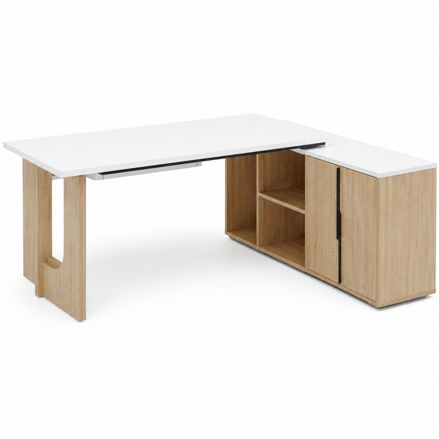 Escritorio en L de melamina blanca y madera 150x120x75 cm-luntrivaria