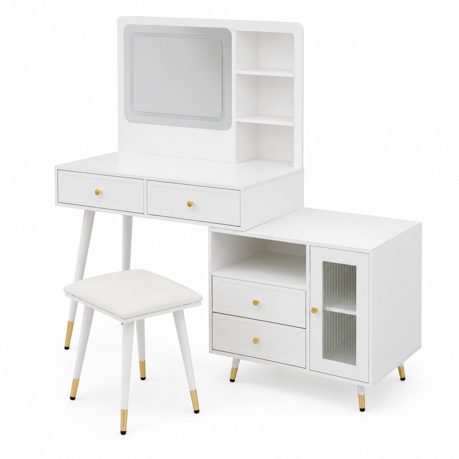 Tocador y Taburete Blanco con Espejo, MDF y Vidrio-luntrivaria