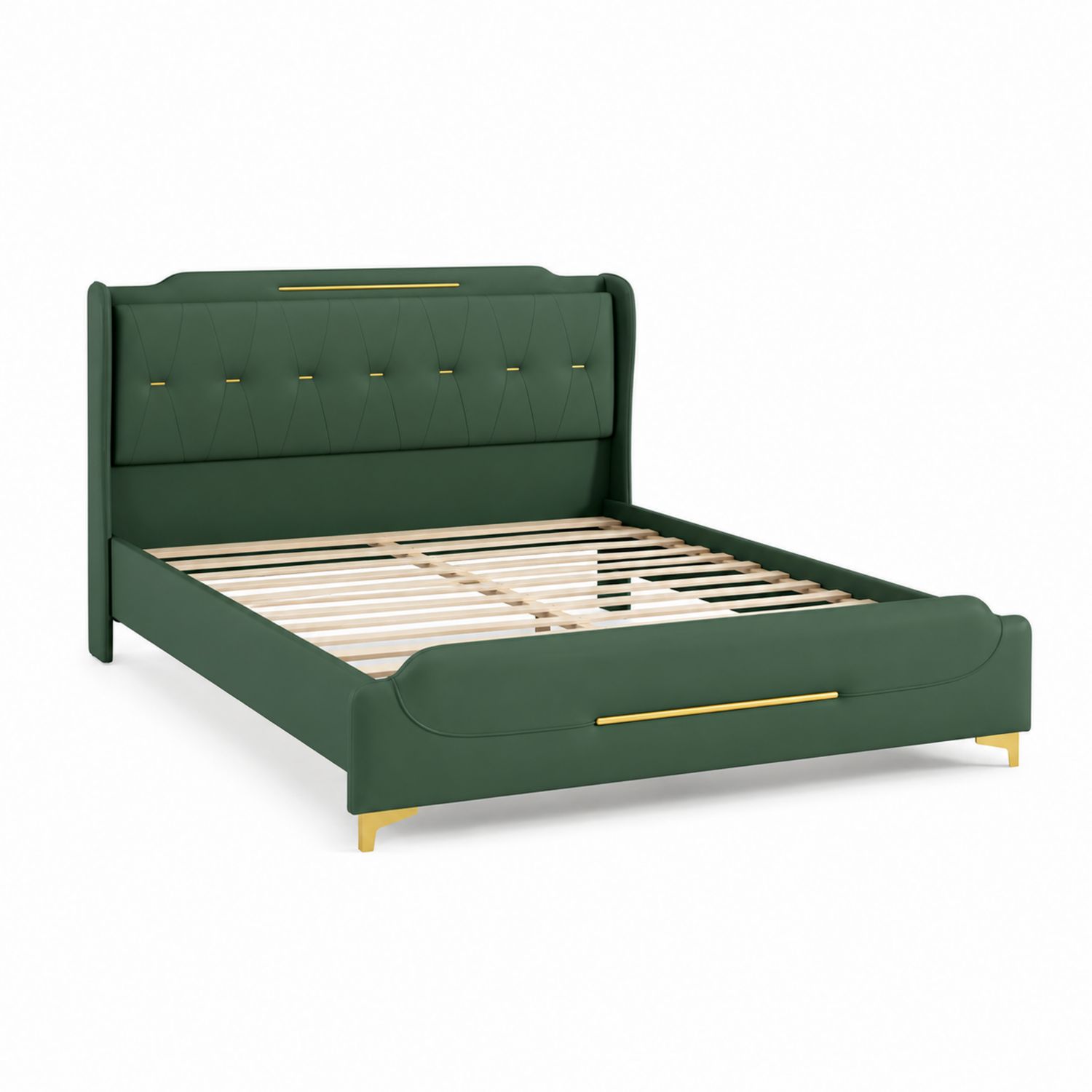 Cama de matrimonio tapizada en cuero sintético verde con cabecera acolchada y patas metálicas doradas-luntrivaria