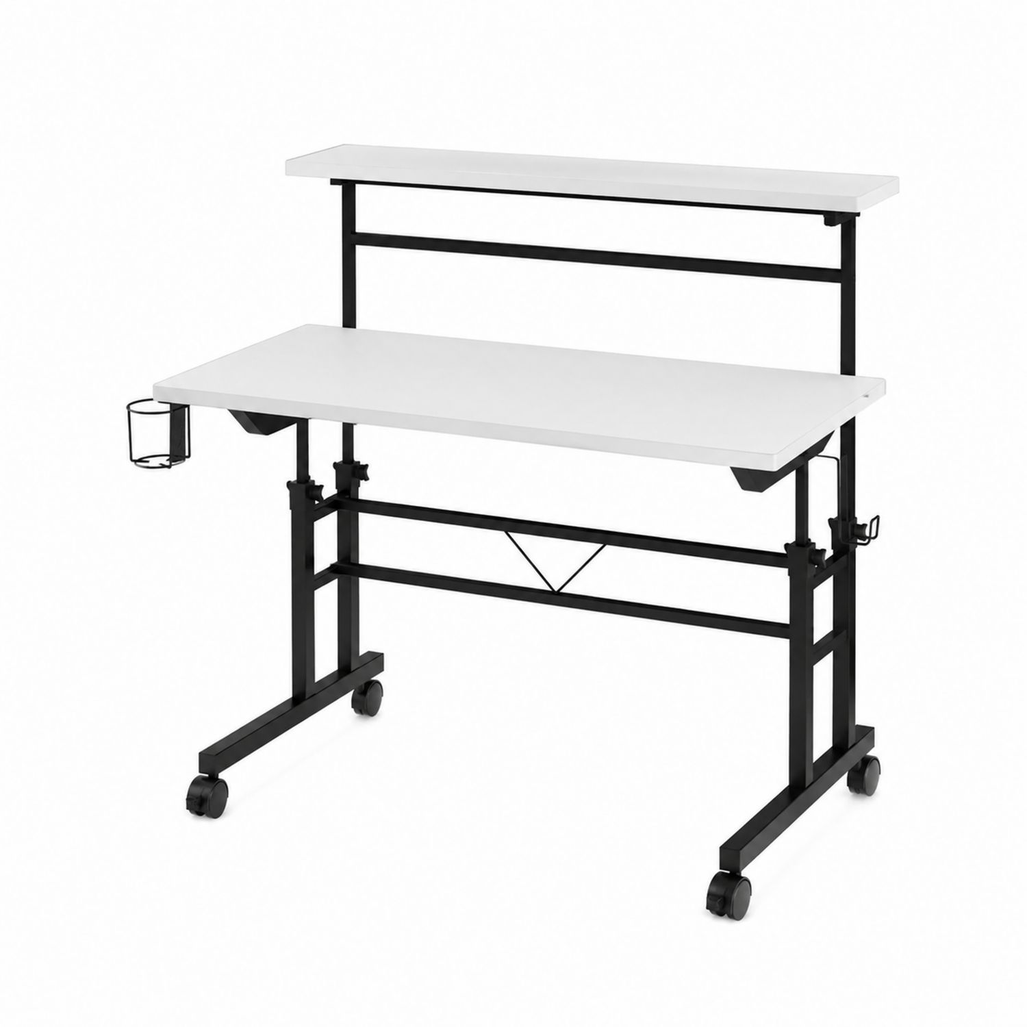 Escritorio de dos niveles ajustable con ruedas y portavasos, estructura de metal en blanco y negro-luntrivaria