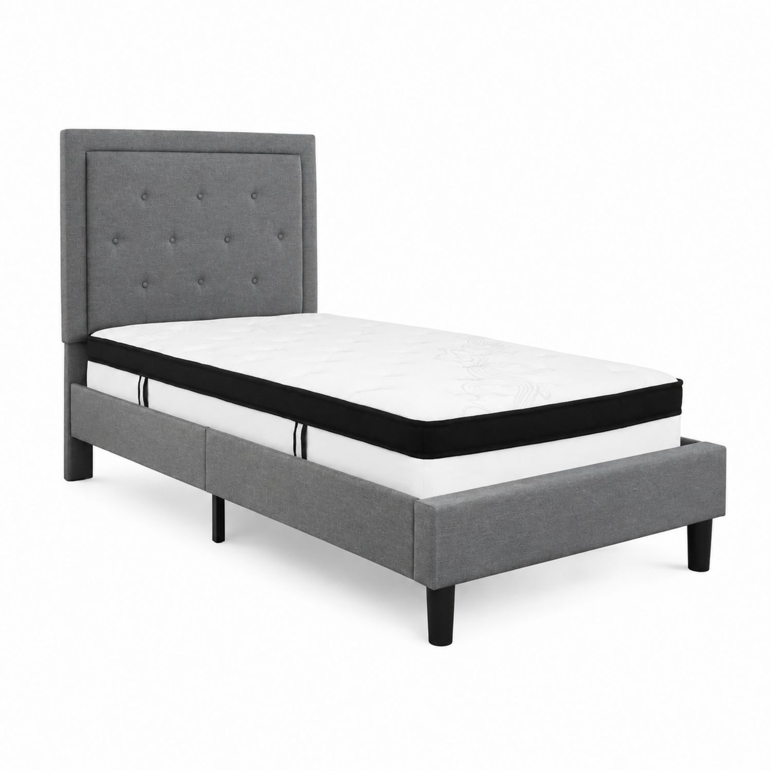 Cama individual tapizada gris con colchón de espuma viscoelástica-luntrivaria