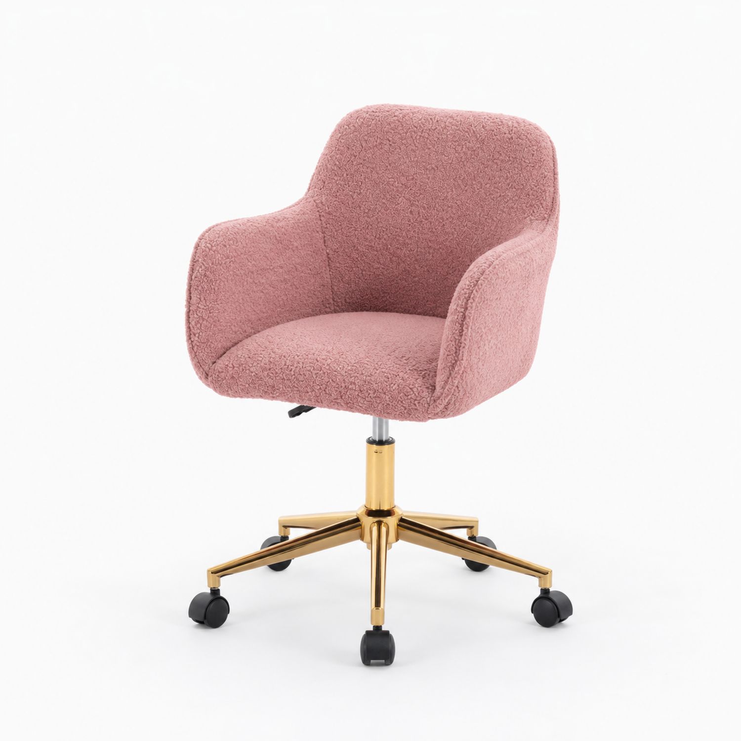 Silla de Oficina de Tela Bouclé Rosa con Base Dorada y Ruedas-luntrivaria